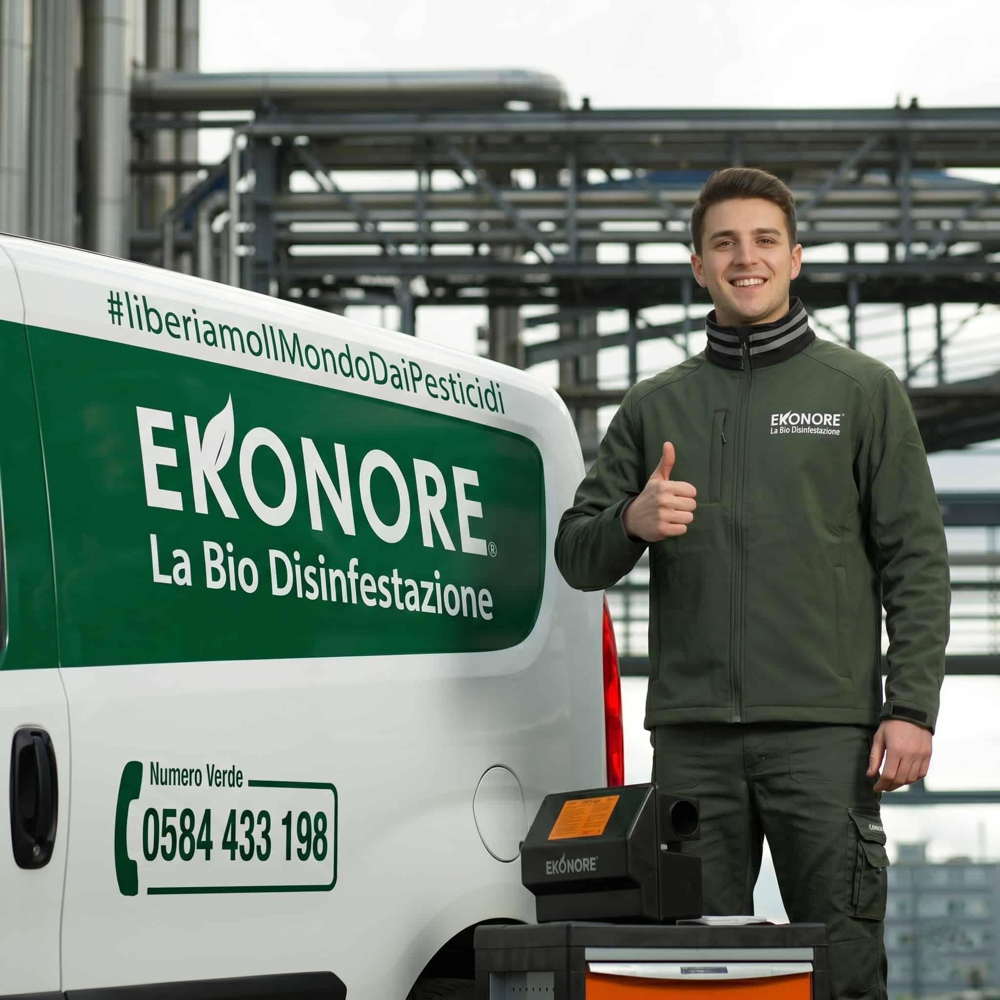 Tecnico Ekonore certificato accanto al furgone della Bio Disinfestazione senza pesticidi